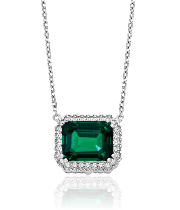 14K Solid White Gold Octagon Lab Green Emerald Diamond Necklace Chain Gemstone Pendant Charm