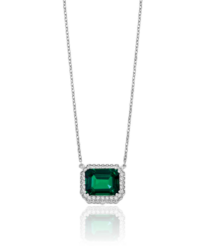 14K Solid White Gold Octagon Lab Green Emerald Diamond Necklace Chain Gemstone Pendant Charm