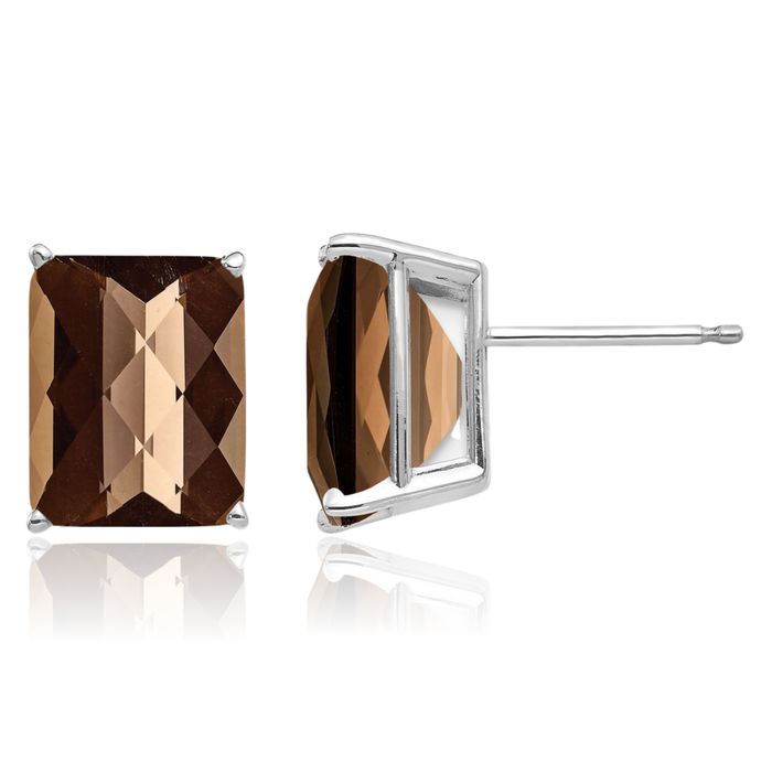 14K Solid White Gold Octagon Checker Cut Brown Smoky Quartz Studs Gemstone Solitaire Earrings June Birthstone Jewelry