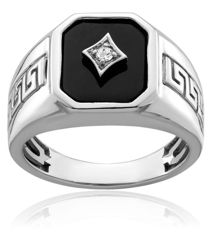 14K Solid White Gold Black Onyx Diamond Greek Key Mens Ring Gemstone Band