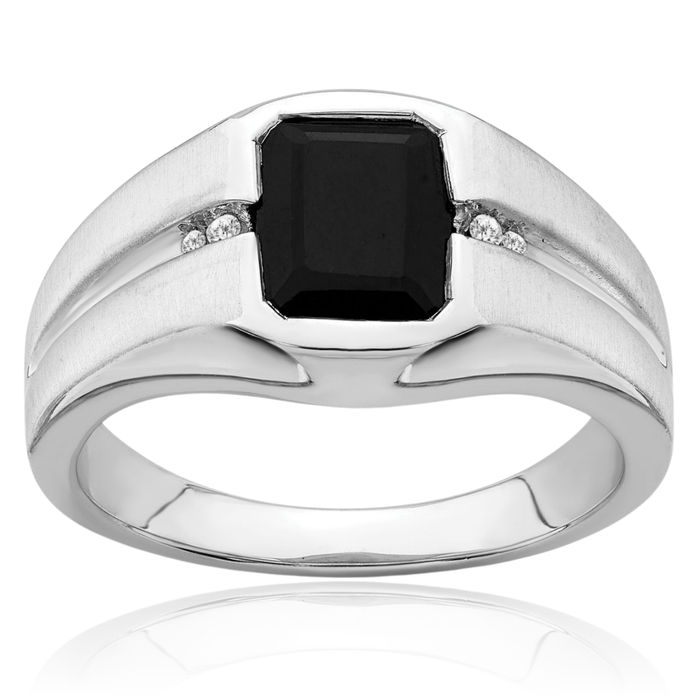 14K Solid White Gold Black Onyx Diamond Mens Ring Gemstone Band