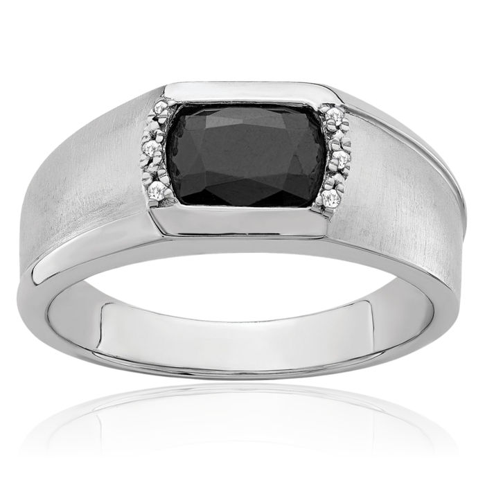 14K Solid White Gold Black Onyx Diamond Mens Ring Gemstone Band