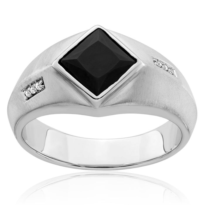 14K Solid White Gold Black Onyx Diamond Mens Ring Gemstone Band