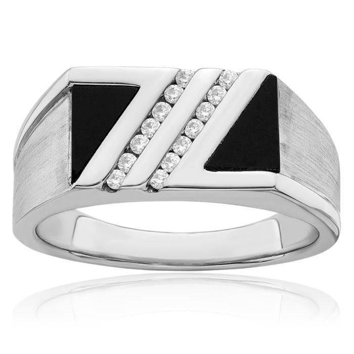 14K Solid White Gold Black Onyx Diamond Mens Ring Gemstone Band