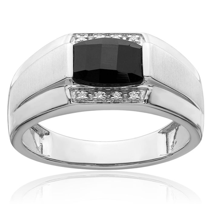 14K Solid White Gold Black Onyx Diamond Mens Ring Gemstone Band