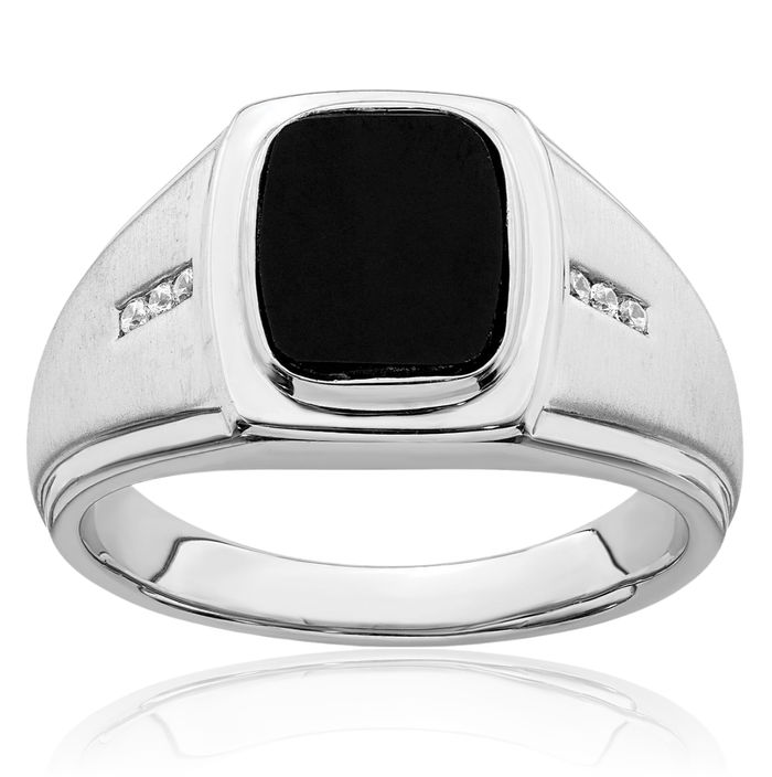 14K Solid White Gold Black Onyx Diamond Mens Ring Gemstone Band