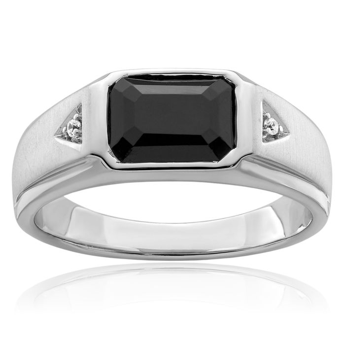 14K Solid White Gold Black Onyx Diamond Mens Ring Gemstone Band