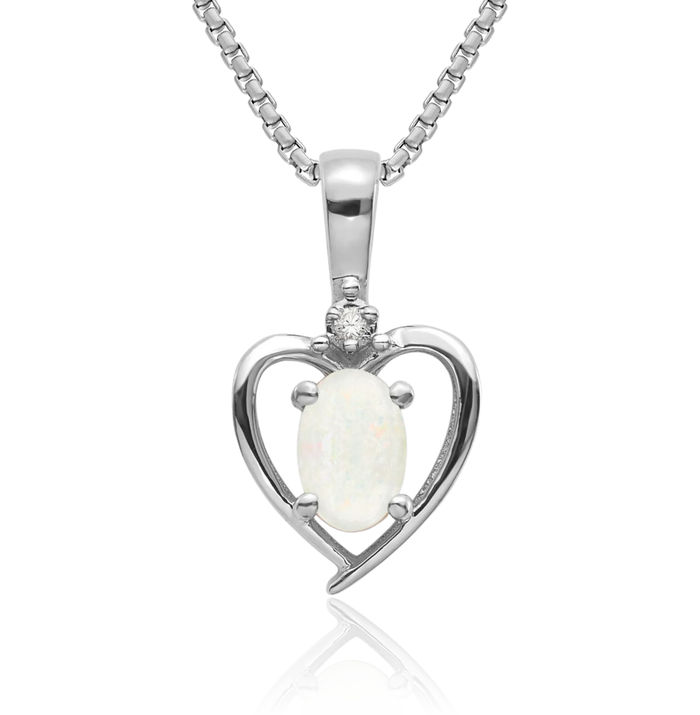 14K Solid White Gold Opal Diamond Heart Necklace Gemstone Pendant Charm April October Birthstone Jewelry