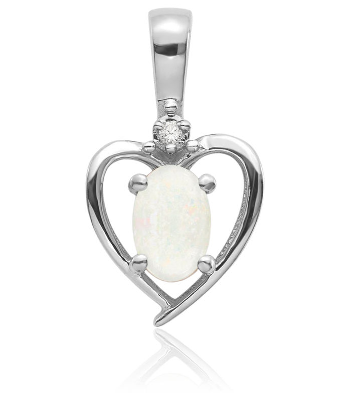 14K Solid White Gold Opal Diamond Heart Necklace Gemstone Pendant Charm April October Birthstone Jewelry