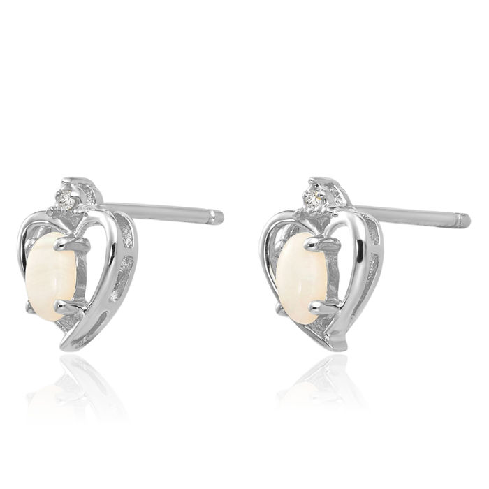 14K Solid White Gold Opal Diamond Heart Stud Earrings October Birthstone Jewelry