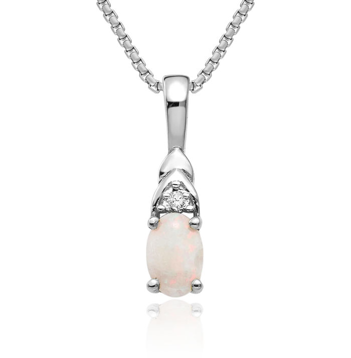 14K Solid White Gold Opal Diamond Necklace Gemstone Pendant Charm April October Birthstone Jewelry