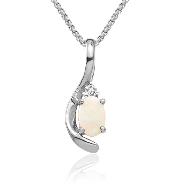 14K Solid White Gold Opal Diamond Necklace Gemstone Pendant Charm April October Birthstone Jewelry