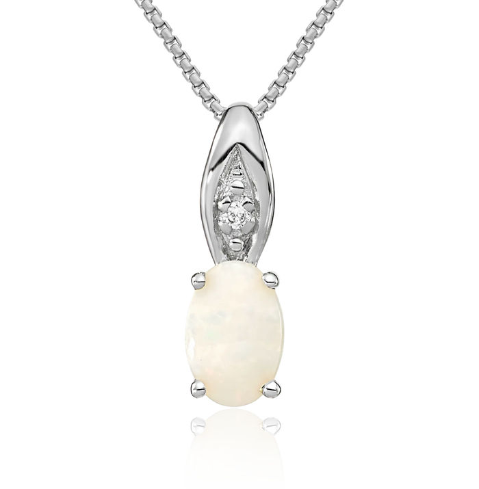 14K Solid White Gold Opal Diamond Necklace Gemstone Pendant Charm April October Birthstone Jewelry