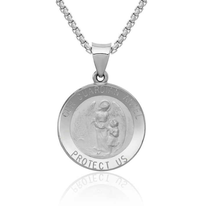 14K Solid White Gold Our Guardian Angel Wings Medal Necklace Protect Us Cherub Pendant Religious Charm