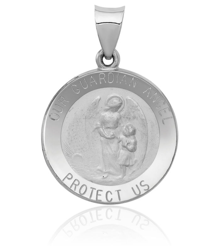 14K Solid White Gold Our Guardian Angel Wings Medal Necklace Protect Us Cherub Pendant Religious Charm