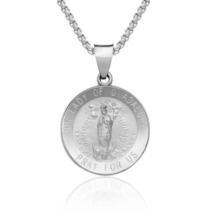 14K Solid White Gold Our Lady of Guadalupe Virgin Mary Medal Necklace Virgencita Maria Rosa Pendant Catholic Christian Holy Mother Medallion Charm