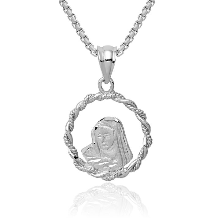 14K Solid White Gold Our Lady of Guadalupe Virgin Mary Necklace Virgencita Maria Rosa Pendant Catholic Christian Holy Mother Medallion Charm