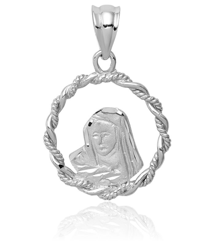 14K Solid White Gold Our Lady of Guadalupe Virgin Mary Necklace Virgencita Maria Rosa Pendant Catholic Christian Holy Mother Medallion Charm