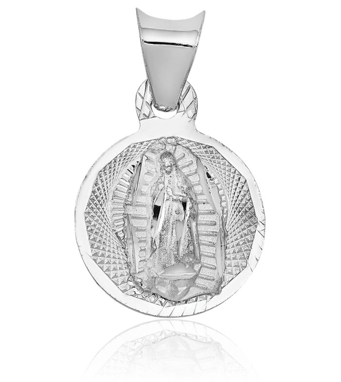 14K Solid White Gold Our Lady of Guadalupe Virgin Mary Round Necklace Virgencita Maria Rosa Pendant Catholic Christian Holy Mother Medallion Charm