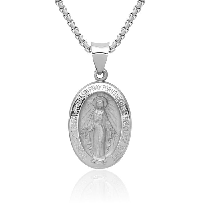 14K Solid White Gold Our Lady of Miraculous Medal Blessed Virgin Mary Necklace Chain Pendant Charm