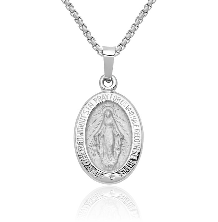 14K Solid White Gold Our Lady of Miraculous Medal Blessed Virgin Mary Necklace Chain Pendant Charm