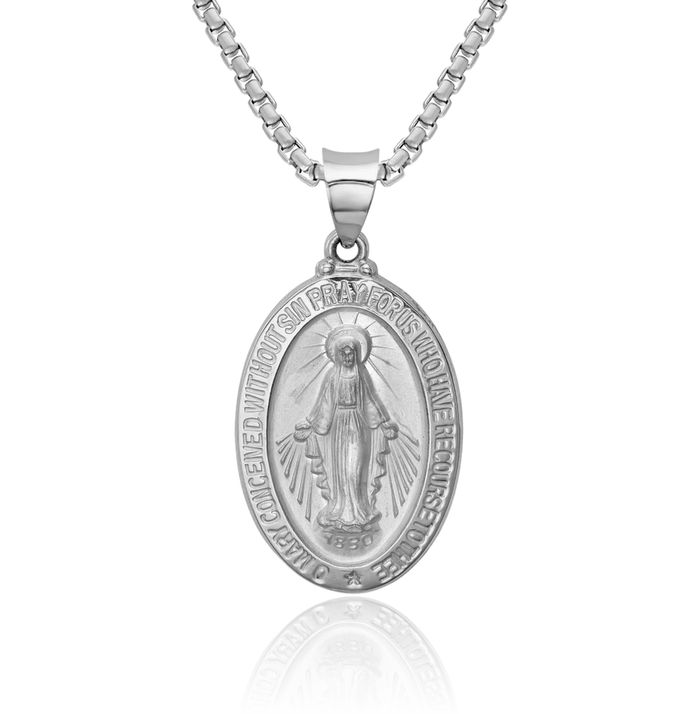 14K Solid White Gold Our Lady of Miraculous Medal Blessed Virgin Mary Necklace Chain Pendant Charm