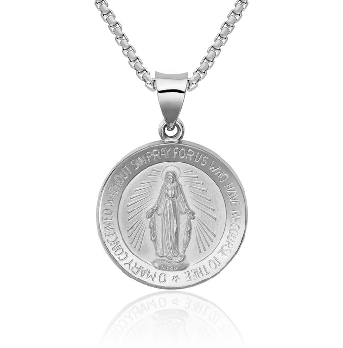 14K Solid White Gold Our Lady of Miraculous Medal Blessed Virgin Mary Necklace Chain Pendant Charm