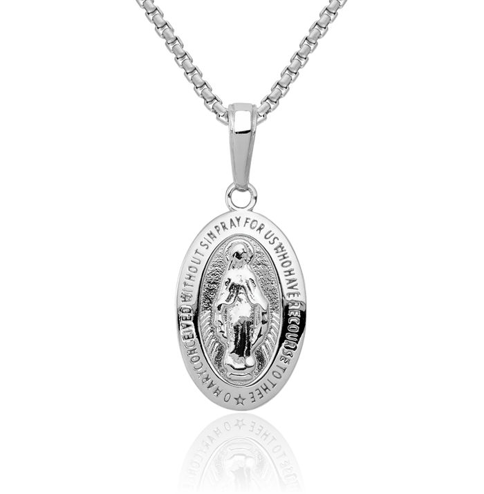 14K Solid White Gold Our Lady of Miraculous Medal Blessed Virgin Mary Necklace Chain Pendant Charm