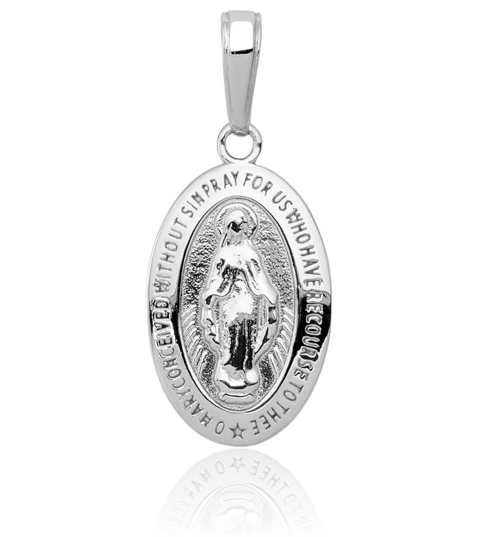 14K Solid White Gold Our Lady of Miraculous Medal Blessed Virgin Mary Necklace Chain Pendant Charm