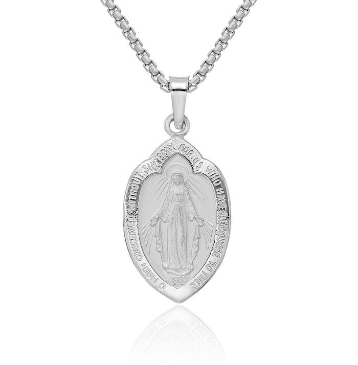 14K Solid White Gold Our Lady of Miraculous Medal Blessed Virgin Mary Necklace Chain Pendant Charm