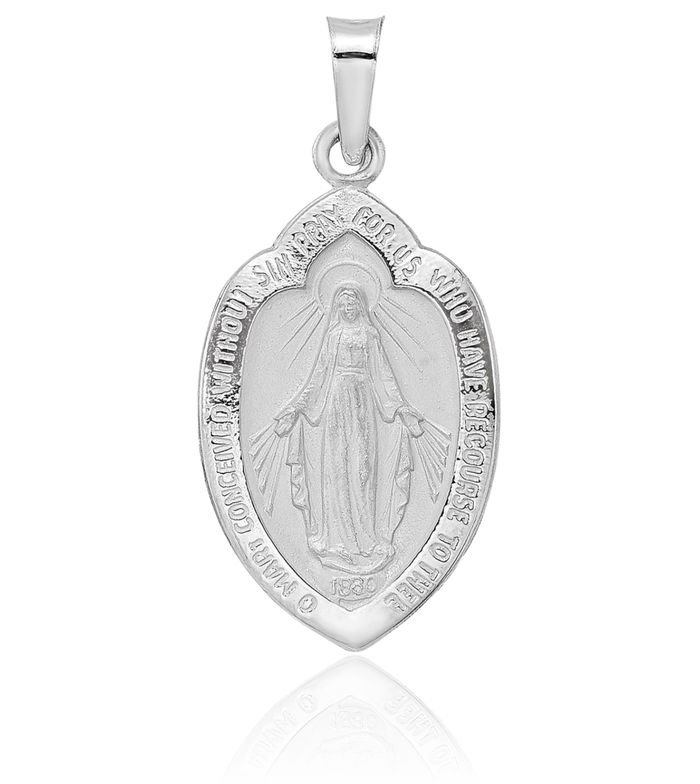 14K Solid White Gold Our Lady of Miraculous Medal Blessed Virgin Mary Necklace Chain Pendant Charm