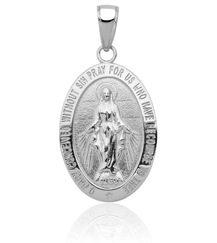 14K Solid White Gold Our Lady of Miraculous Medal Blessed Virgin Mary Necklace Chain Pendant Charm