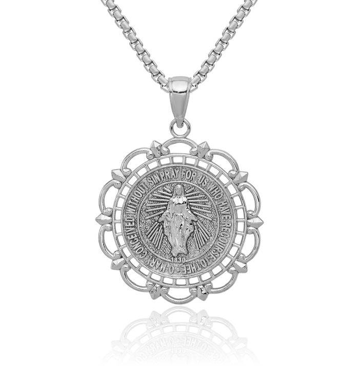 14K Solid White Gold Our Lady of Miraculous Medal Blessed Virgin Mary Scallop Necklace Chain Pendant Charm