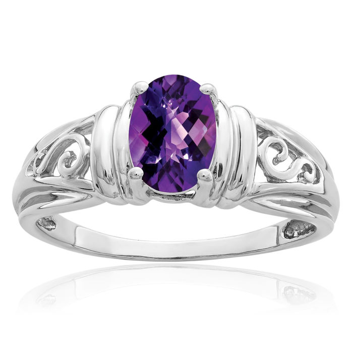 14K Solid White Gold Oval Purple Amethyst Checker Ring Gemstone Band February Birthstone Jewelry