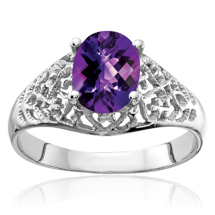 14K Solid White Gold Oval Purple Amethyst Checker Ring Gemstone Band February Birthstone Jewelry