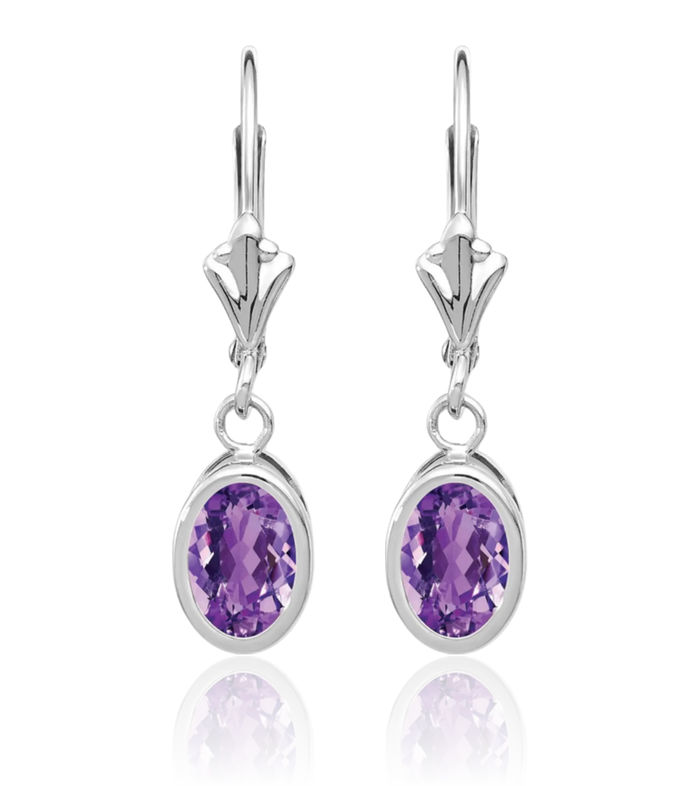 14K Solid White Gold Oval Purple Amethyst Drop Dangle Earrings Gemstone February Birthstone Jewelry