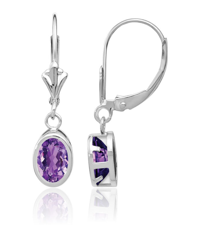 14K Solid White Gold Oval Purple Amethyst Drop Dangle Earrings Gemstone February Birthstone Jewelry