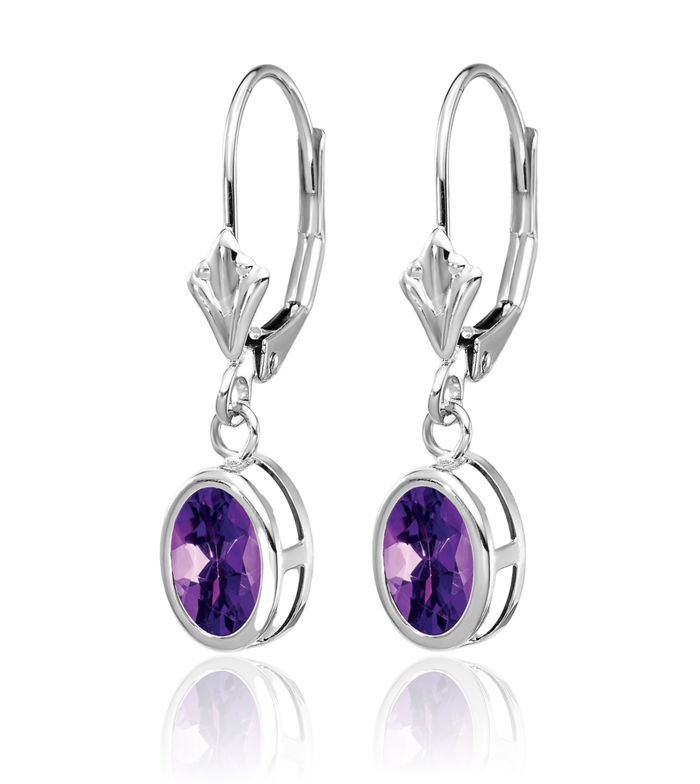 14K Solid White Gold Oval Purple Amethyst Drop Dangle Earrings Gemstone February Birthstone Jewelry