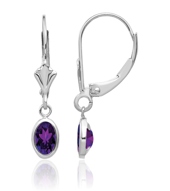 14K Solid White Gold Oval Purple Amethyst Drop Dangle Earrings February Birthstone Jewelry