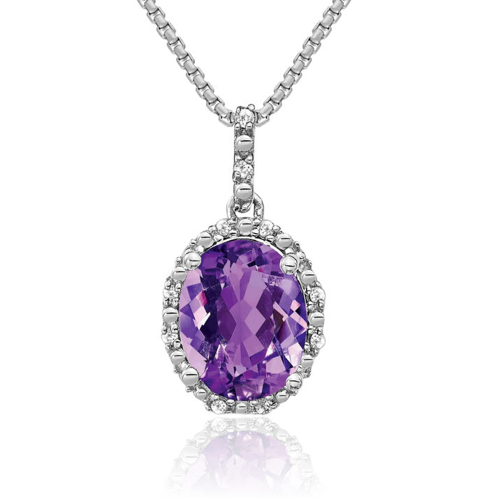 14K Solid White Gold Oval Purple Amethyst Diamond Halo Necklace Charm Gemstone Pendant