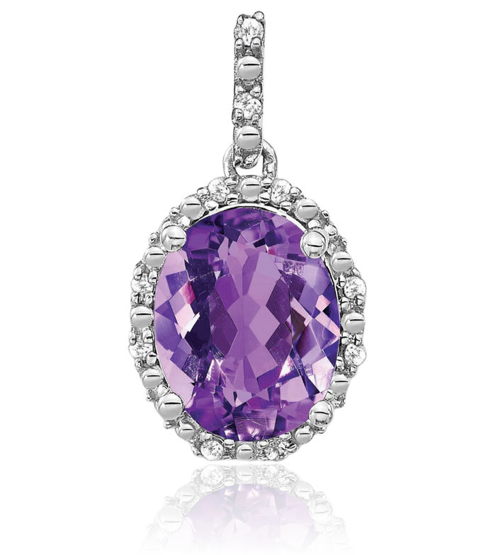 14K Solid White Gold Oval Purple Amethyst Diamond Halo Necklace Charm Gemstone Pendant