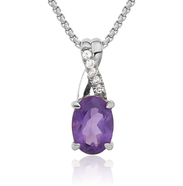 14K Solid White Gold Oval Purple Amethyst Diamond Necklace Charm Gemstone Pendant