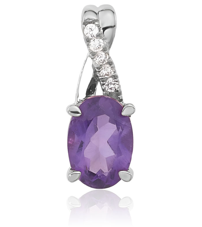 14K Solid White Gold Oval Purple Amethyst Diamond Necklace Charm Gemstone Pendant