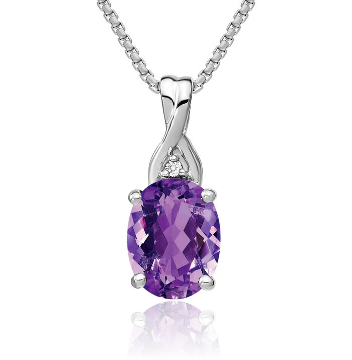 14K Solid White Gold Oval Purple Amethyst Diamond Necklace Charm Gemstone Pendant