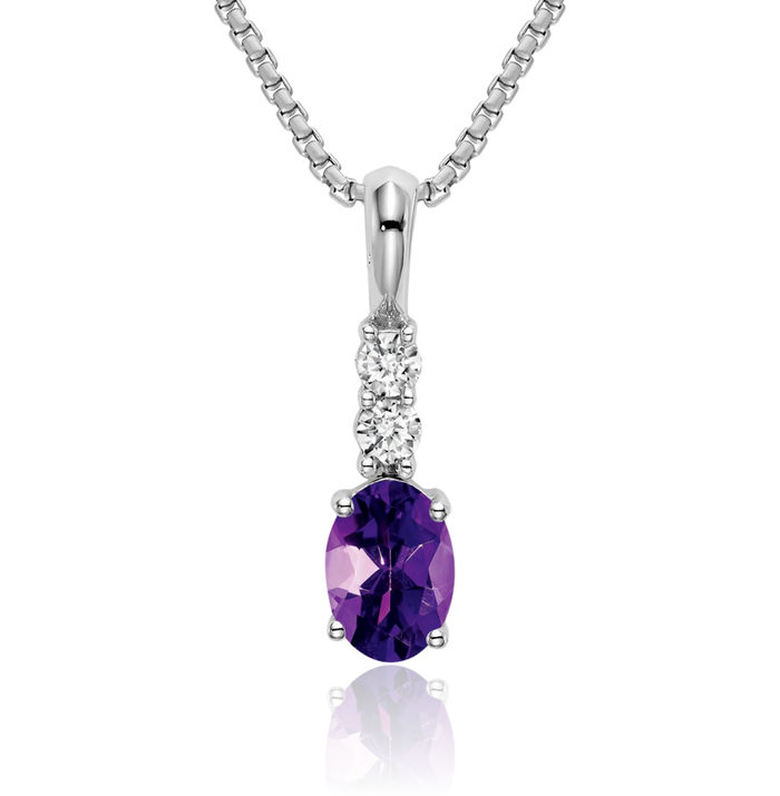 14K Solid White Gold Oval Purple Amethyst Diamond Necklace Charm Gemstone Pendant February Birthstone Jewelry