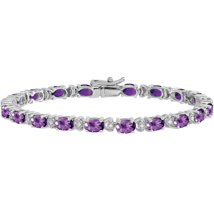 14K Solid White Gold Oval Purple Amethyst Diamond Chain Gemstone Tennis Bracelet