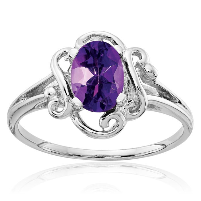 14K Solid White Gold Oval Purple Amethyst Ring Gemstone Band February Birthstone Jewelry