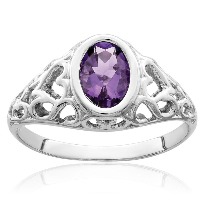 14K Solid White Gold Oval Purple Amethyst Ring Gemstone Band February Birthstone Jewelry