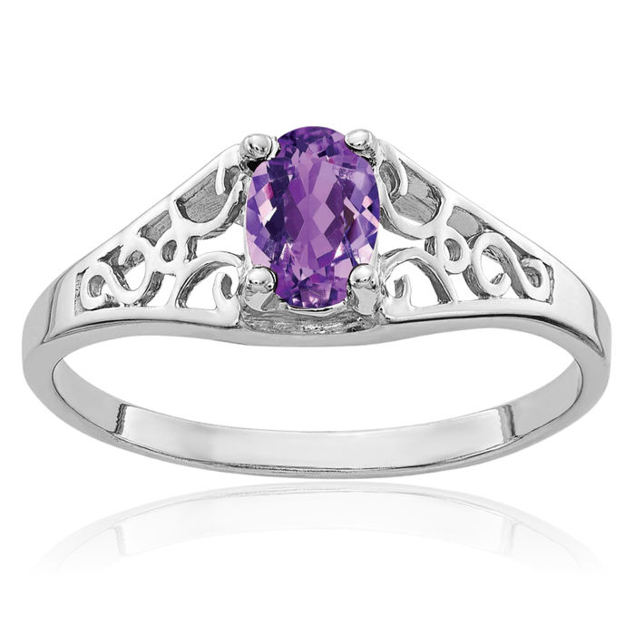 14K Solid White Gold Oval Purple Amethyst Ring Gemstone Band February Birthstone Jewelry