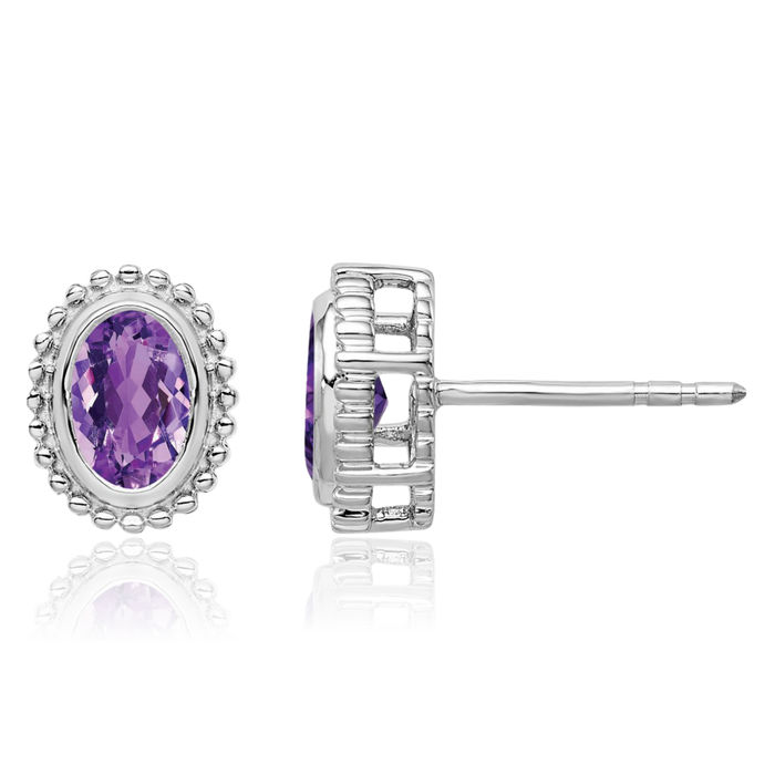 14K Solid White Gold Oval Purple Amethyst Stud Earrings February Birthstone Jewelry